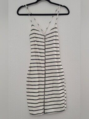 A Ellen Dress Womens M Ivory Black Striped Bodycon O Ring Zip Strappy USA